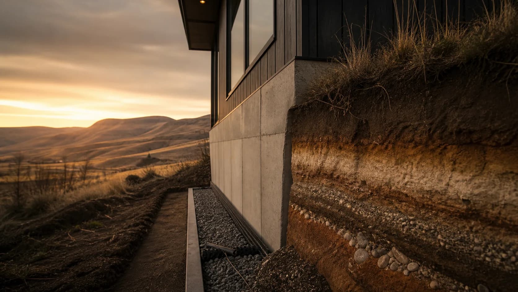 AI concept visualization of a Kamloops hillside foundation and soil strata